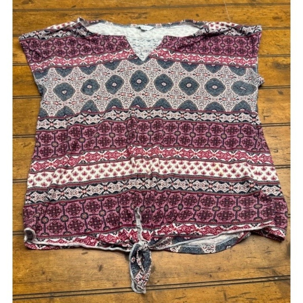 Lucky Brand Women's L Tunic Top Geometric Print V Neck Short‎ Sleeve Tie Front